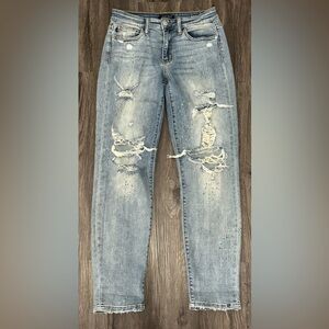 Women's Judy Blue Boyfriend Fit Blue Stretch Paint Jeans JB82245LT - 3/26